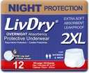 LivDry Adult XXL Incontinence Underwear, Overnight Comfort Absorbency, Leak Protection, XX-Large, 12Pack