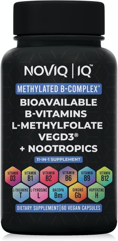 11-in-1 Metilated B-Complex Supplement: 680mcg L-Methylfolate (5)-MTHF) Thiamine (B1) Riboflavin (B2) Pyridoxal (B6) Methylcobalamin (B12) - VegD3® + Nootropics - 1,100 mg+ Servis - 60 Kont