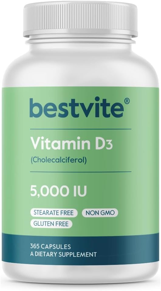 BESTVITE Βιταμίνη D3 5000 IU (365 Κάψουλες) - Όχι Στεατικά - Μη ΓΤΟ - Χωρίς γλουτένη - 1 έτος προσφοράς βιταμίνης D