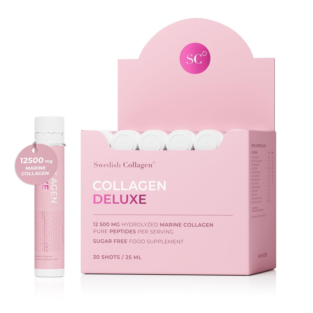 İsveç Collagen Deluxe | 12,500 mg Hydrolyzed Marine Collagen Liquid Supplement - 30 x 25 ml Daily Shots | Hyaluronic Acid, Biotin ve Vitamin C Sağlıklı Saçları Desteklemek için, Skin, Nails | Sugar-Free