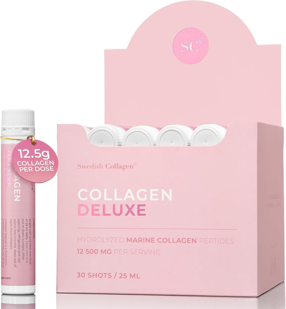 İsveç Collagen Deluxe | 12,500 mg Hydrolyzed Marine Collagen Liquid Supplement - 30 x 25 ml Daily Shots | Hyaluronic Acid, Biotin ve Vitamin C Sağlıklı Saçları Desteklemek için, Skin, Nails | Sugar-Free