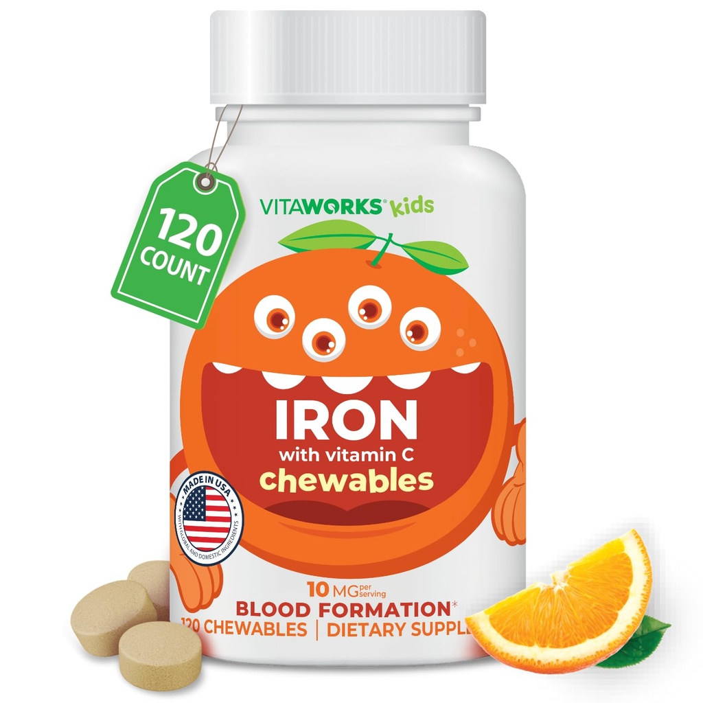Çocuklar C 50 mg Chewable Tabletleri ile Demir 10 mg - Tasty Natural Flavored - Vegan, Vejetary, GMO-Free, Nut Free - Diyetik Demir Supplement - Çocuklar için Kan Formasyonu - 120 Chewables