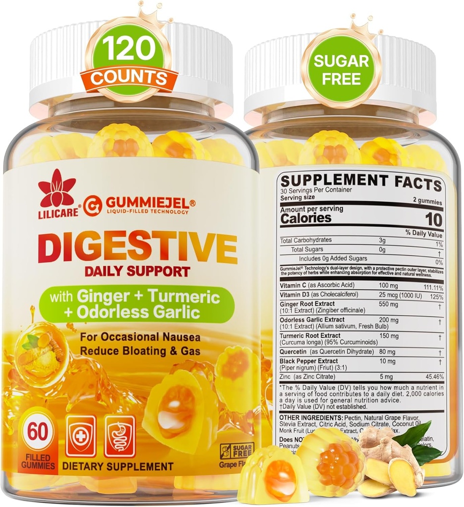 Τσίχλες Ginger Gummies για Nausea & Digestive Υποστήριξη, Στομάχι ανακούφιση, Ζάχαρη δωρεάν με Turmeric, Odorless Σκόρδο, Quercetin, βιταμίνη D3,Συμπληρώματα δυσπεψίας για Περιστασιακά Bloating & Gas, 2Pack