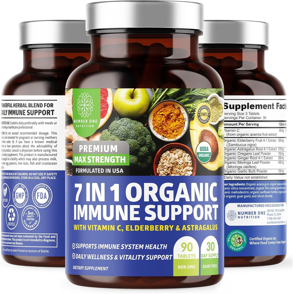 N1N Premium 7 1 Immune Support Supplement [% 100 USDA Organik] Günlük Immune Vitamin C, Elder, Moringa Leaf, Oregano ve Immunity ve Inflammatory için, 90 Tabletler