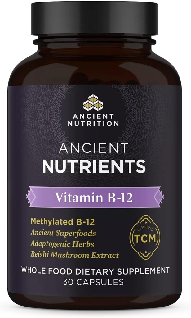 Ancient Nutrition Vitamin B12 συμπλήρωμα, υποστηρίζει τον ενεργειακό μεταβολισμό και το νευρικό σύστημα υγεία, προσαρμογόνα βότανα, Enzyme ενεργοποιημένο, Παλαιό & Κετό φιλικό, 30 κάψουλες
