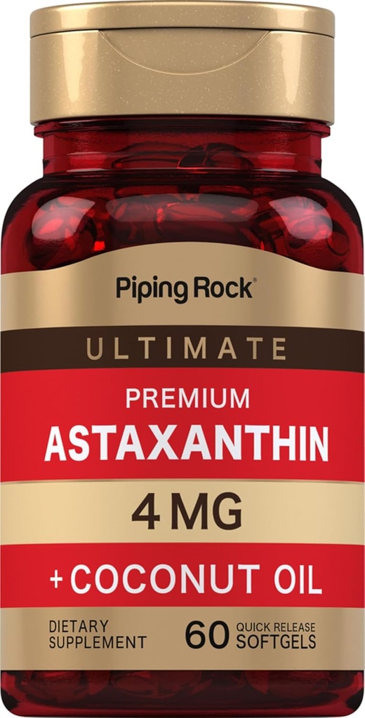 Piping Rock Astaxanthin 4 mg | 60 Softgels | Coconut Oil | Algae Extract Supplement | Non GMO, Gluten Free