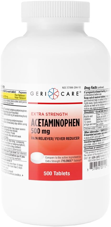 GeriCare Extra Strength Acetamophen Pain Relief Fever Reducer Tablets, Strength 500mg Tablet 