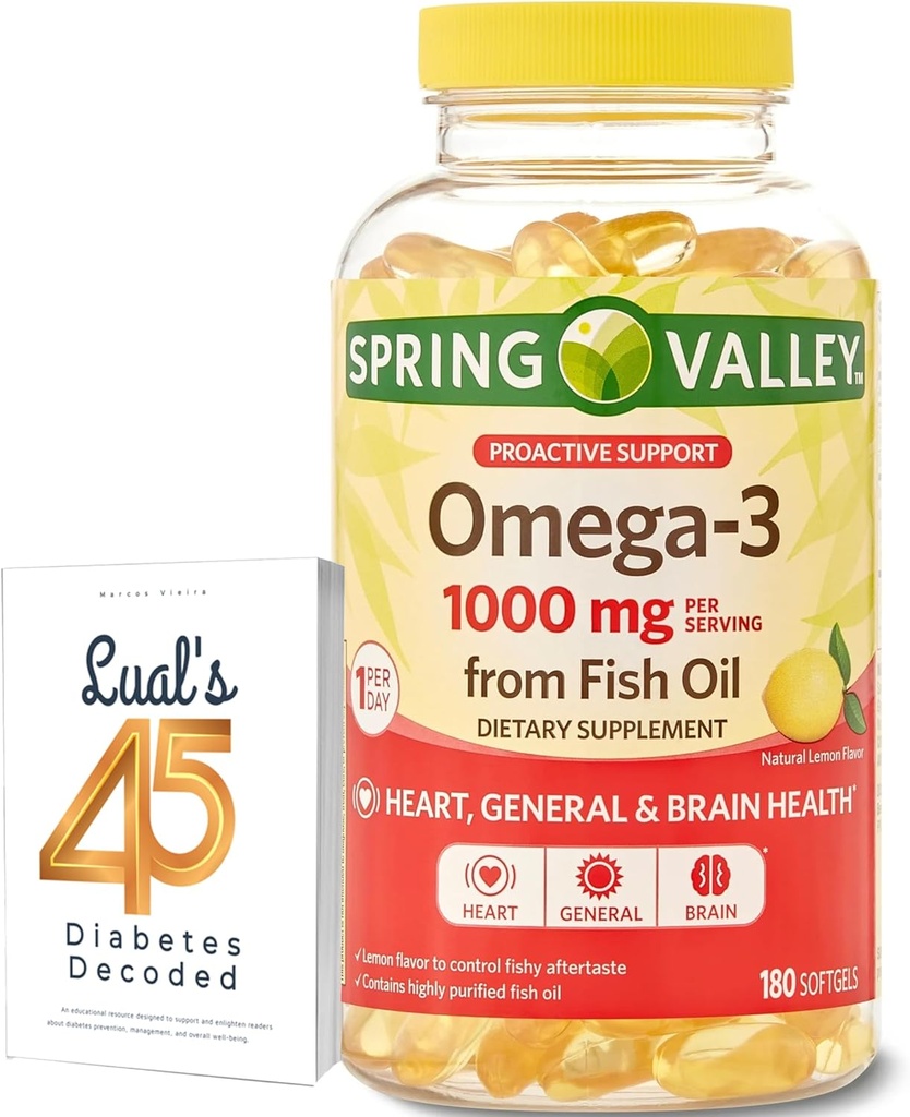 Spring Valley Omega-3 Fish Oil Soft Gels, 1000 mg, 180 Kont, Diyet Tamam, Omega-3 Fatty Acids Sche with Lual's 45 Diabetes Decoded