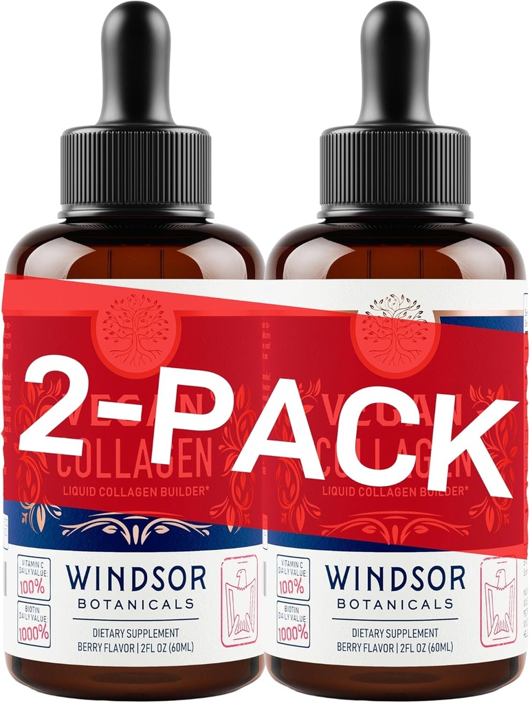 WINDSOR BOTANICALS Vegan Collagen Builder Liquid Supplement - Αναμνηστικό κολλαγόνου με Βιταμίνη C, Βιοτίνη, Υαλουρονικό Οξύ & Αμινοξέα - Βιολογικά Φρούτα & Φυτικά Μείγμα - 120ml, 60 Day