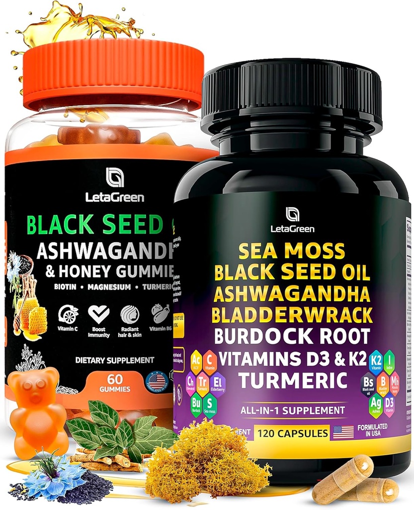 Sea Moss Κάψουλες + Μαύρος Σπόρος Λάδι Gummies Bundle, 60 Μαύροι Σπόροι Gummies + 120 Θάλασσα Moss Χάπια, Φυσική Άμυνα Υποστήριξη με Βιταμίνες και Multi Minerals Συμπλήρωμα Bundle