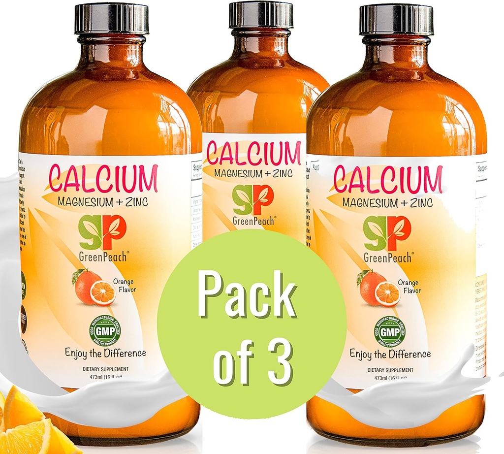 GreenPeach Liquid Calcium for Kids - Magnesium, D3 & Zinc Supplement - Calcium Citrate & Vitamin D3 Kids Calming Syrup - No Sugar No Artificial Flavors - Vegetarian Kosher (3-Pack)