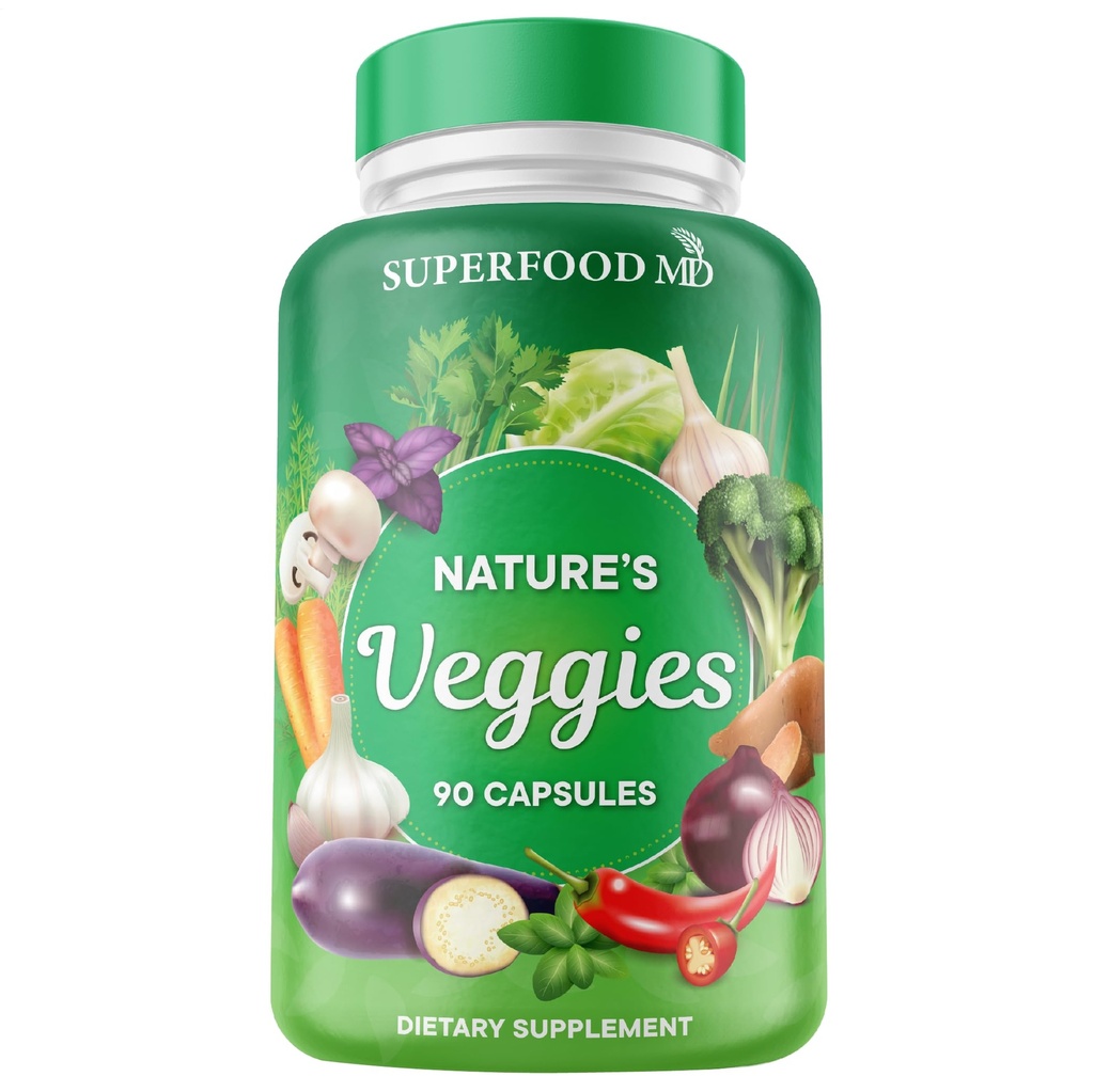 Superfood MD Veggies Supplement - 90 Veggie Capsules - Enerji Seviyeleri, Beta Carotene, Vitaminler ve Mineraller - Soy Free - 90 Kont