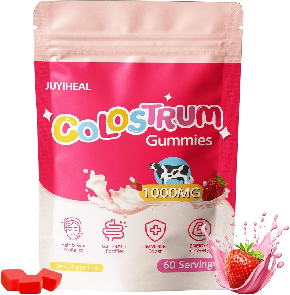 Colostrum Gummies, 1000 mg Grass Fed Colostrum Chews Colostrum Supplement for Gut Health, Saç Büyüme, Güzellik ve Immune Support, Strawberry Flavor 60 Hizmetler