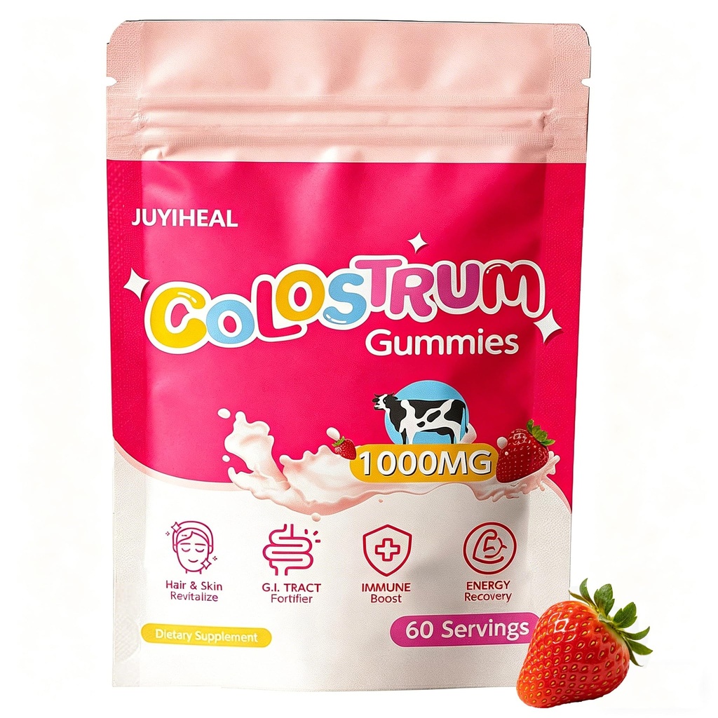 Colostrum Gummies, 1000 mg Grass Fed Colostrum Chews Colostrum Supplement for Gut Health, Saç Büyüme, Güzellik ve Immune Support, Strawberry Flavor 60 Hizmetler