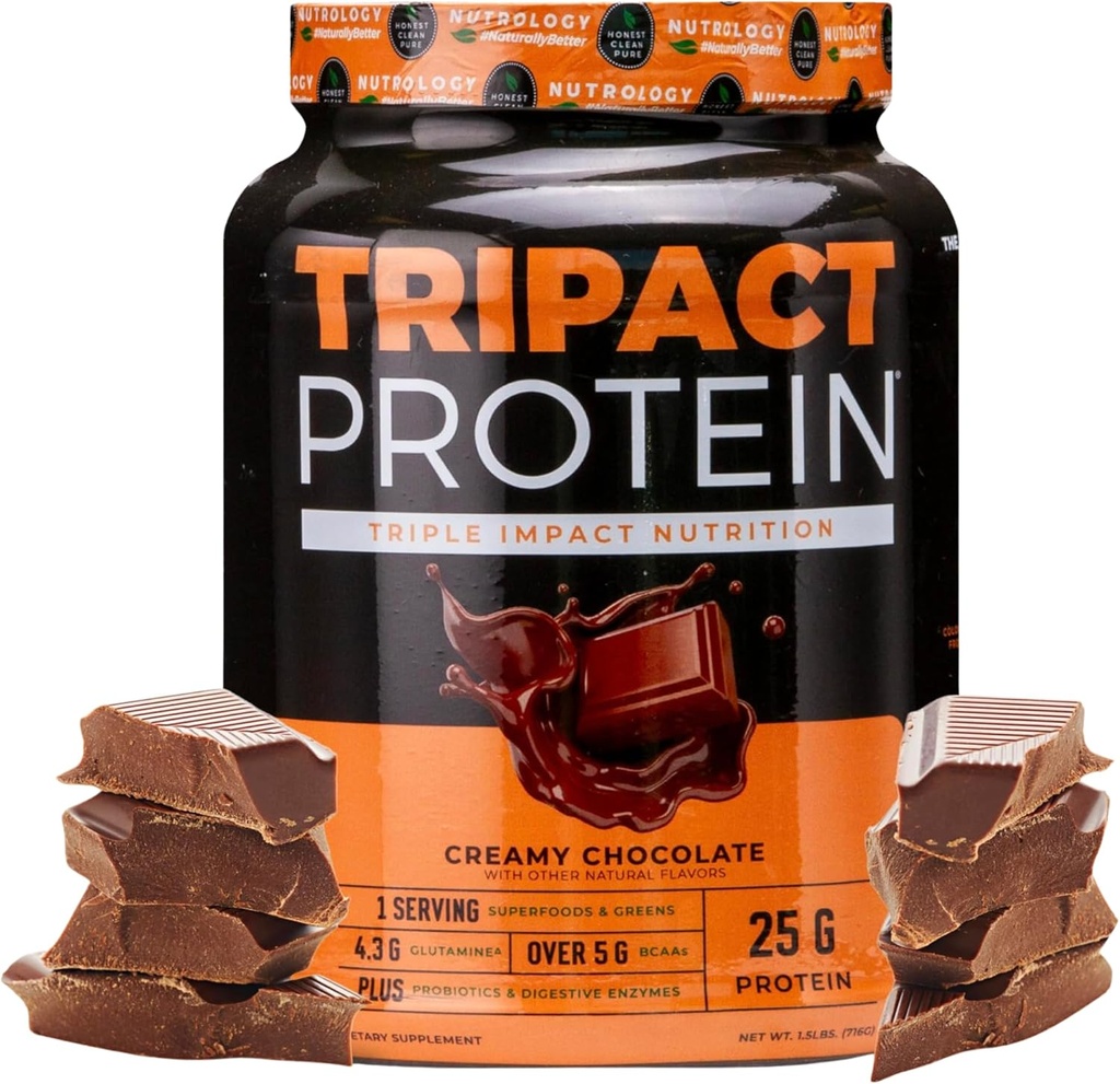 Nutrology TRIPACT Protein Powder - 7-in-1 Meal Replacement Shake with Grass Fed Whey Protein Powder, Pea, Rice, Greens for Muscle Recovery & Immunity, Creamy Chocolate Flavor, 20 Servings
