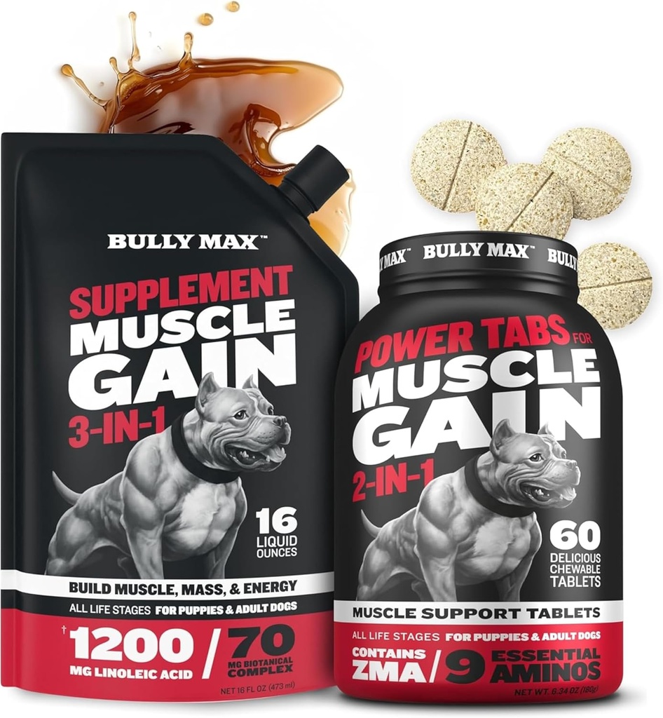 Bully Max 3in-1 Liquid Dog Muscle Builder ve Power Tabs (60 sekme) Sche - Kas Büyümesi için Yüksek Protein Tamam & Chewable Multivitamins, Enerji & Recovery In All Breeds, Puppies & Yetişkin Köpekler