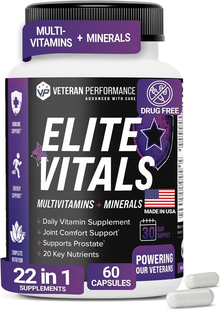 Elite Vitals – Erkekler Günlük Multivitaminler B12, Gluten Free Immune Support Supplement for Prostate, Joint & Energy with çinko, Green Tea, +20 Essential Vitaminler – 60 Caps