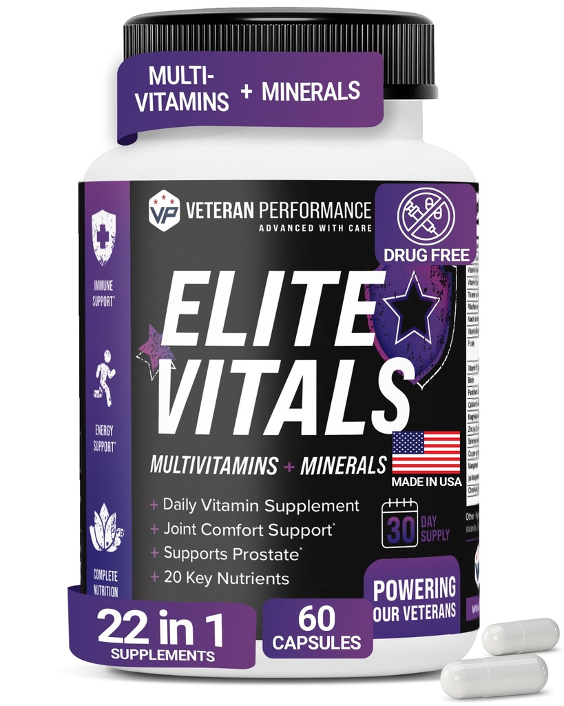 Elite Vitals – Erkekler Günlük Multivitaminler B12, Gluten Free Immune Support Supplement for Prostate, Joint & Energy with çinko, Green Tea, +20 Essential Vitaminler – 60 Caps