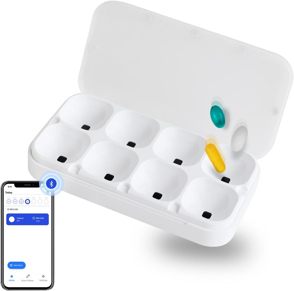 Defi Smart Pillbox, Μεγάλες, 8 Κουλοχέρηδες, Pill Organizer, Φορητό, Bluetooth, Εύκολο στη χρήση, αυτοπροστασία, με Συναγερμό, Ήχος & Φως, Καθημερινή, Συμπαγής Κάτοχος Ιατρικής για Βιταμίνες, Συμπληρώματα, Δωρεάν εφαρμογή υπενθύμισης.