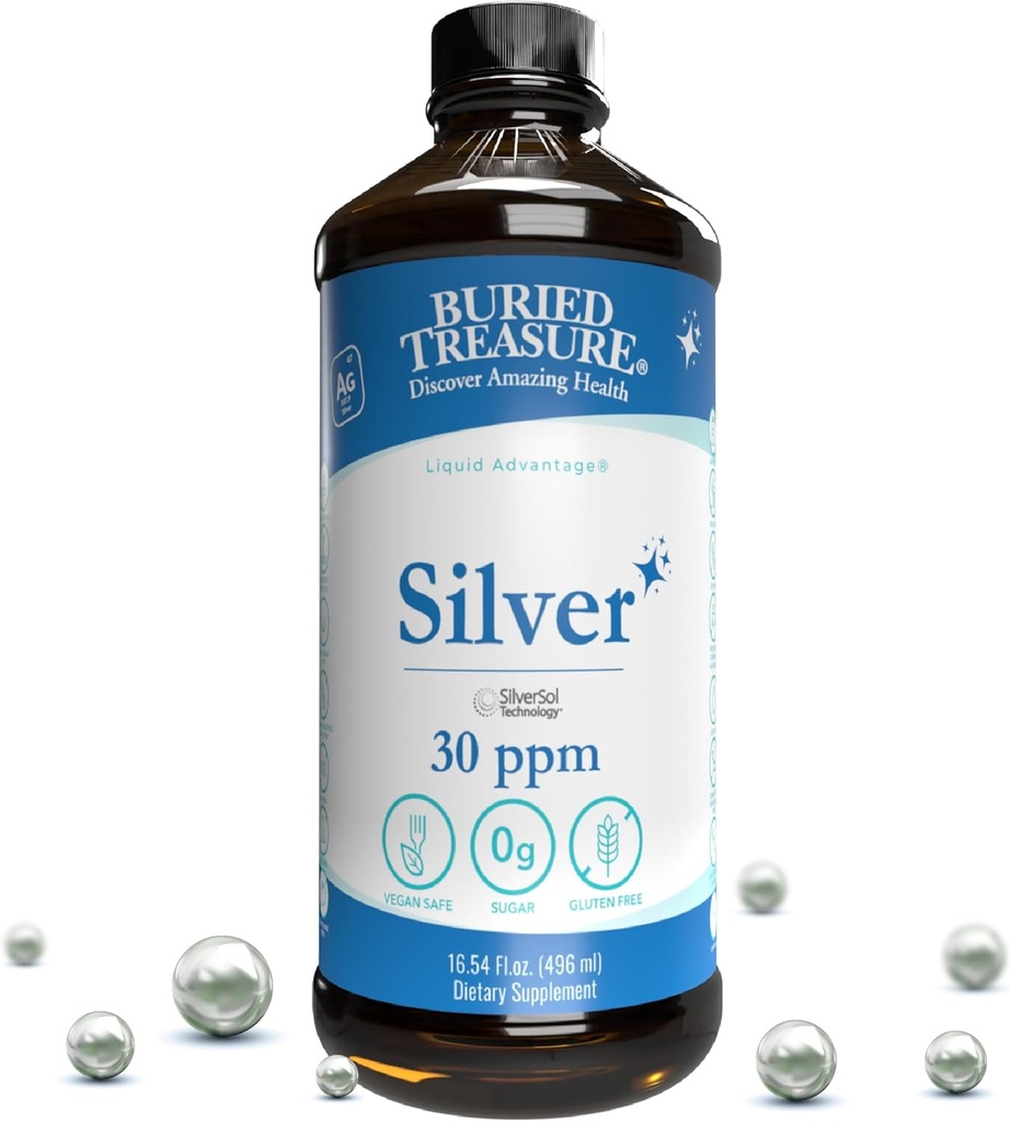 Buried Treasure Purified Silver Liquid 30 PPM - 16 oz. 96 Hizmet, Non-Accumulative Nano Silver Solution, Spray & Diyetary Immune Supplement