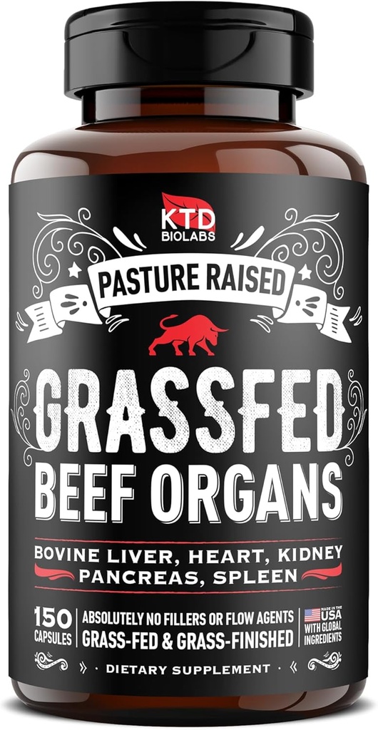 Grass Fed Beef Organ Supplement - Tüm Vücut Wellness 3000 mg - Desiccated Beef Liver, Heart, Kidney, Pancreas, Spleen - Enerji için Organ Kompleksi, Immune & Digestive Health (150 Capsules)