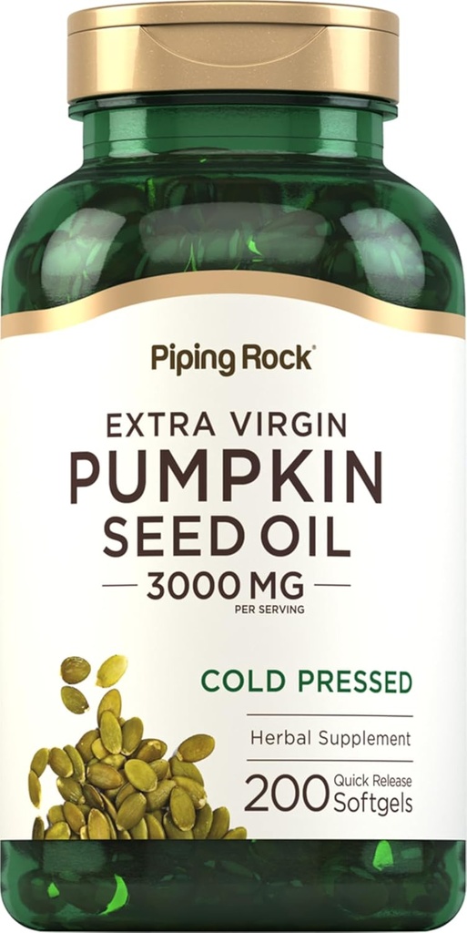 Piping Rock Pumpkin Seed Oil Softgel Capsules | 3000mg | 200 Count | Cold Pressed Herbal Supplement | Extra Virgin | Non-GMO, Gluten Free