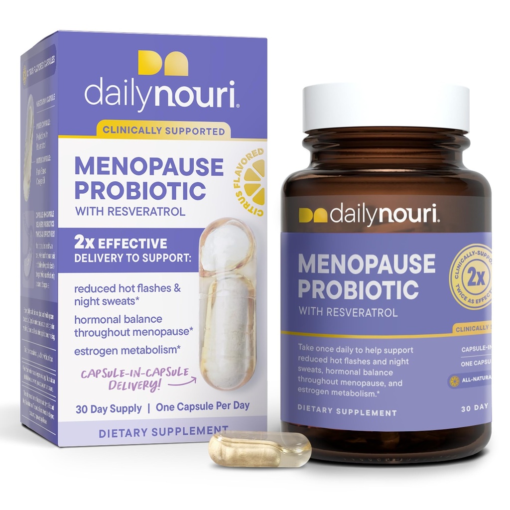 Günlük Nouri Menopause Probiyotik | Destekler Hormonal Denge, Estrogen, Hot Flashes, Gece Terleri, Bloating & Gut Health | 3 Klinik olarak Studied Strains + Resveratrol & Vegan Omega Oil | 30-Day Supply