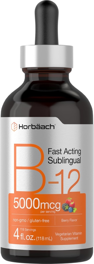 Horbaach B12 Vitamin 5000 mcg Sublingual | 4 Fl Oz | Metilcobalamin ve Cyanocobalamin | Sıvı Vegetarian Drops | Berry Flavor | Non-GMO & Gluten Free Supplement