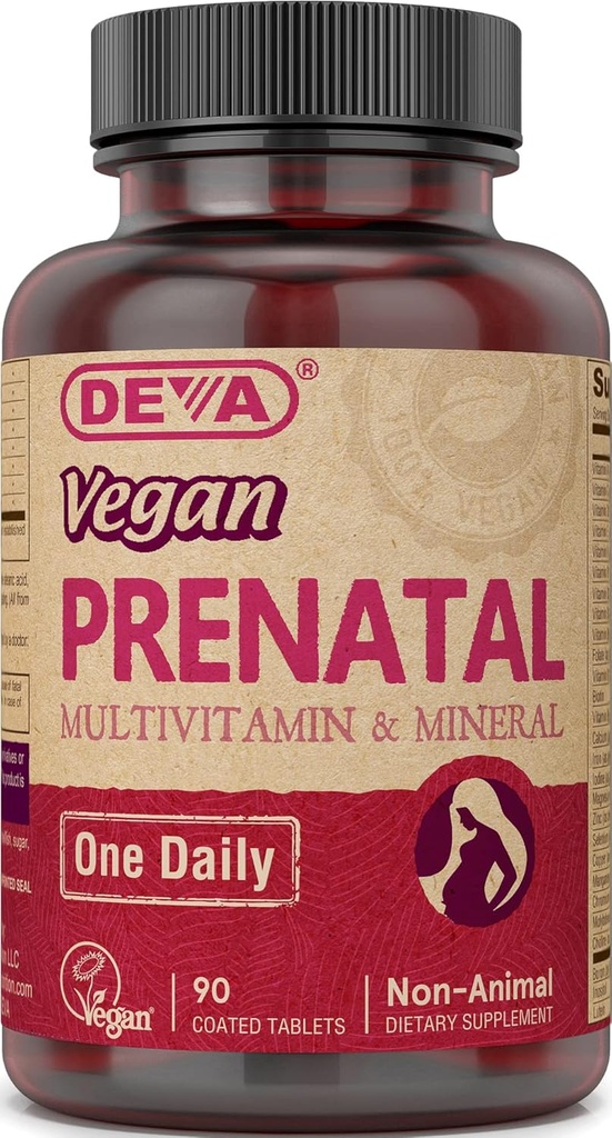 Deva Vegan Prenatal Multivitamin and Mineral Supplement - Μία φορά την ημέρα Φόρμουλα - Βιταμίνες A, C, D, E, K, B Complex, με Folate & Chelated Iron - 90 Επικαλυμμένα δισκία, 1- Pack