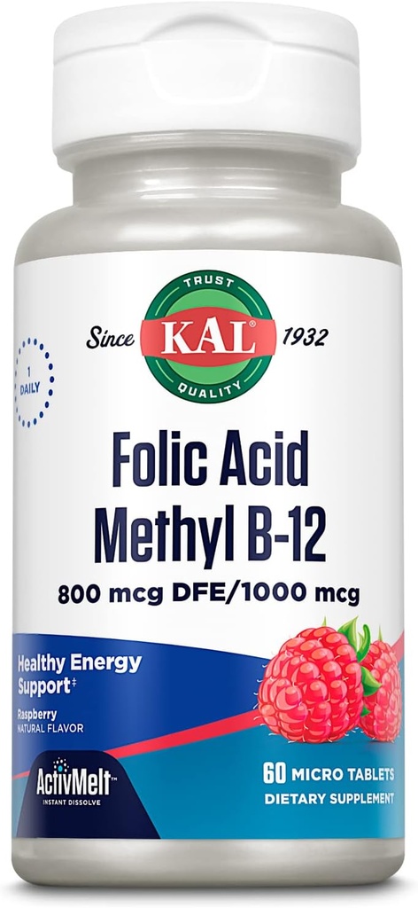 Kal 800 Mcg Folic Acid Me-12 Tablet, Raspberry, 60 Kont