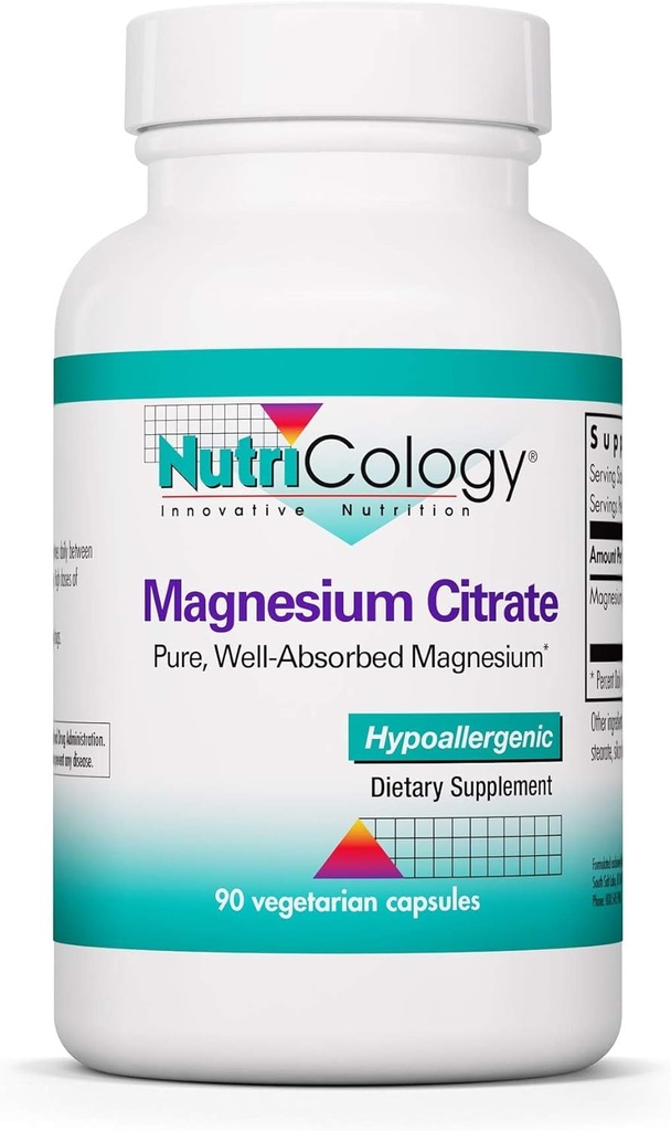 Nutricology Magnesium Citrate Supplement - Bone & Stress Support, Pure, Well-Absorbed, Hypoallergenic, 170mg Vegetarian Capsules - 90 Count
