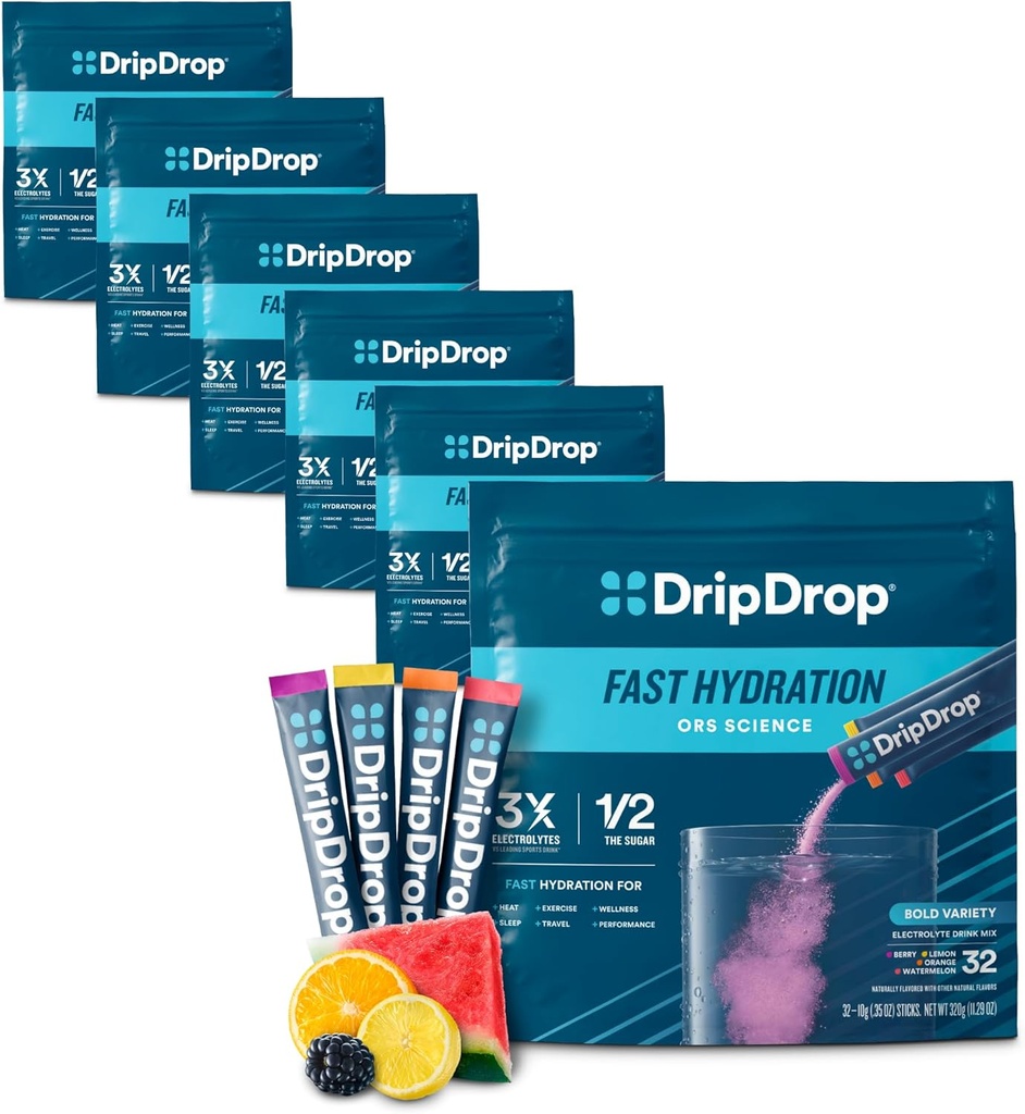 DripDrop Hydration Packets - Bold Diversity Pack - Single Serve Electrolytes Toz İçecek Mix - Sumelon, Berry, Lemon, Orange - Non-GMO, Gluten Free, Vegan - 192 Sticks