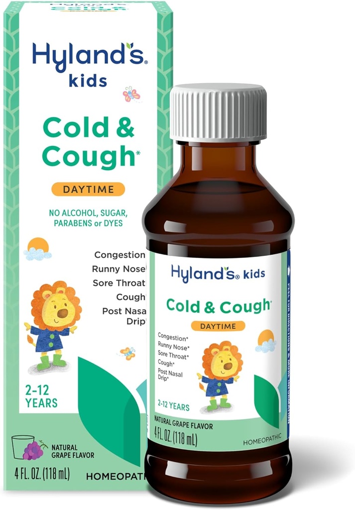 Hyland's Kids Cold and Cough, Daytime Grape Flavor Cough Syrup Medicine for Kids Ages 2 and up, Decongestant, Sore Throat Relief, Natural Treatment for Common Cold Belirtileri, 4 Fl Oz Oz