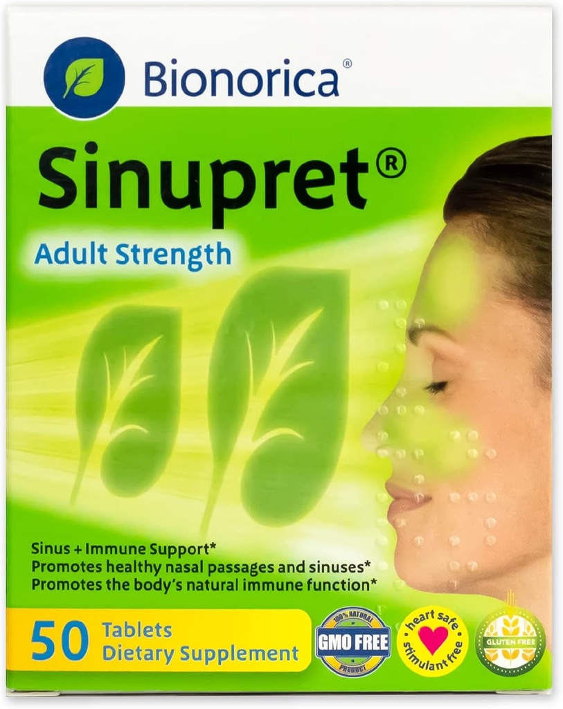 Sinupret Yetişkin Güçlü Sinus + Immune Support All Natural, Fast Acting Herbal Nasal Passage & Immunity Boost Supplement with Verbena & Elder Flower - 50 Tablet (Pack of 2)