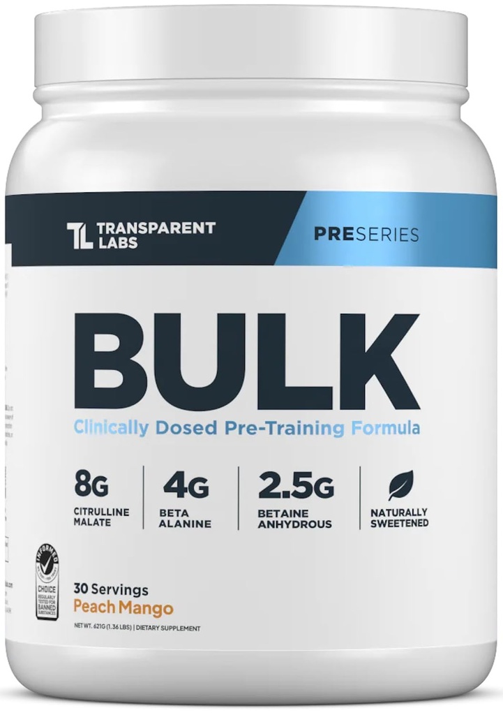 Transparent Labs Bulk Pre Workout Powder - Naturally Sweetened Preworkout for Men & Women, Pre Work Out for Muscle Building & Strength w/Beta Alanine & BetaPure - 30 Servings, Peach Mango