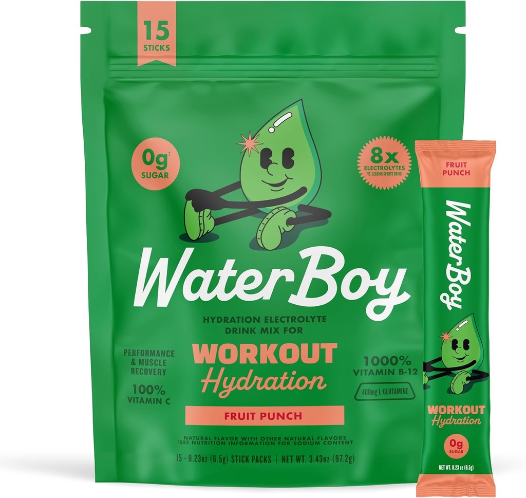 Waterboy Workout Hydration | 2,960mg Sugar Free Electrolyte Toz Paketleri | L-Glutamine + Vitaminler | No Sugar, All Natural, Gluten Free | 15 Iklim Mixes (Fruit Punch)