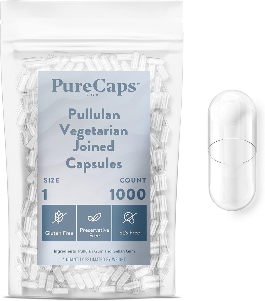 PureCaps USA - Boş Vejetaryen Vegan Pullulan Pill Capsules Boyutu 1 | 1000 Joined Pills| Clear| Non-GMO sertifikalı | SLS, Gluten, Preservative Free Free Free