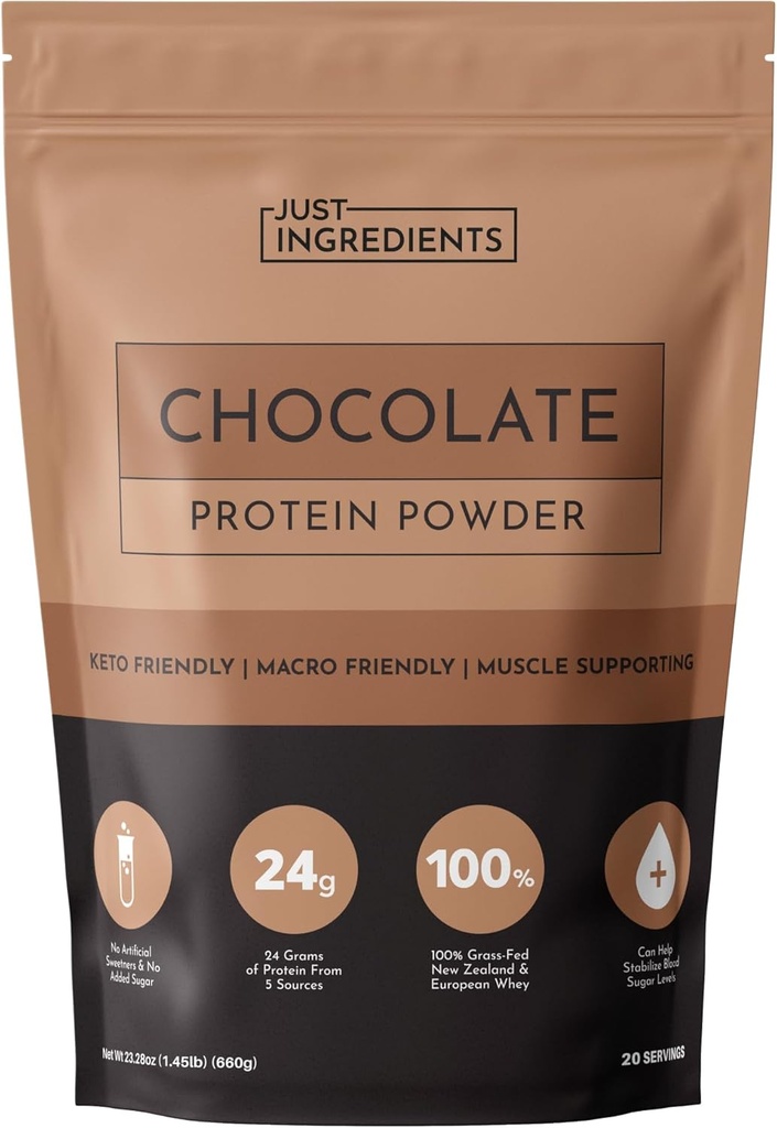 Just INGREDIENTS Chocolate Protein Powder – 20-Serving ανάμειξη με 100% Grass-Fed Whey & Organic Plant Proteins – Rich Cocoa Flavor – Υποστηρίζει την αποκατάσταση των μυών, ενέργεια*