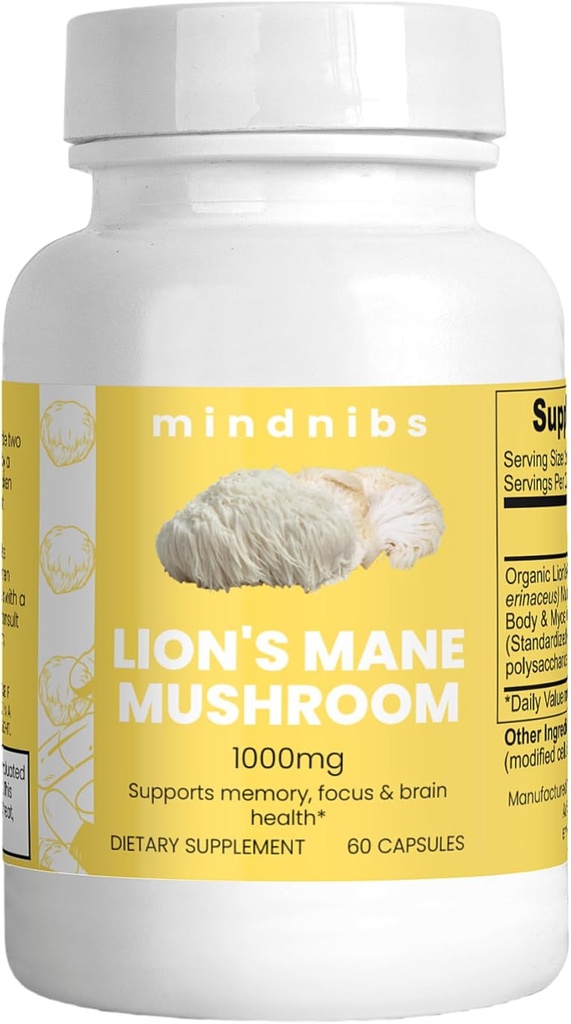 Organik Aslan'ın Mane Mushroom Capsules 1000 mg - Bilişsel Destek, Nöro Korumalı Nootropics, 60 Vegan Caps