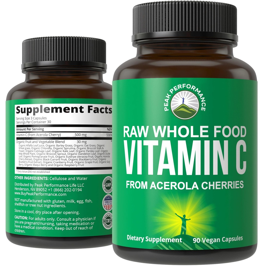 Peak Performance Raw Whole Food Vitamin C Capsules from Acerola Cherry for Max Abors. Vegan USA Sourced Vitamin C Supplement 90 Pills. 500 mg Hizmet veya 2 Hizmet 1000 mg