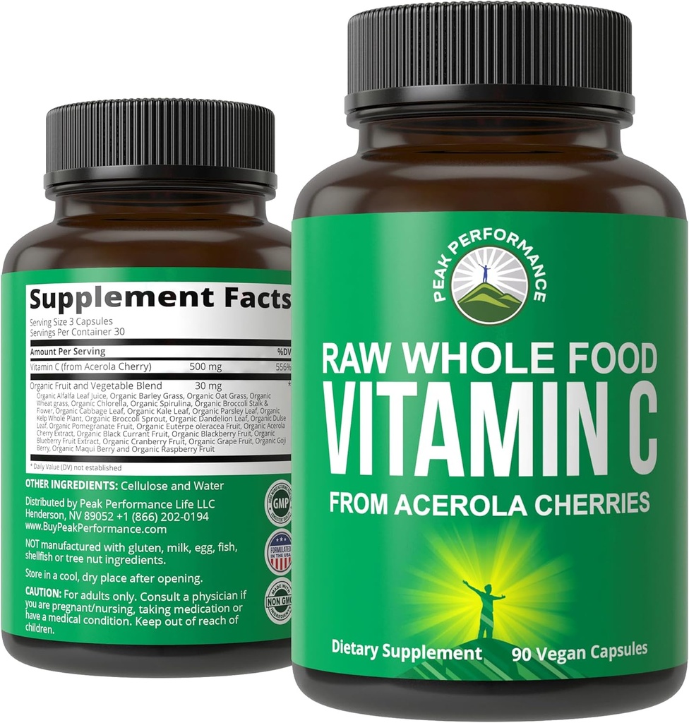 Peak Performance Raw Whole Food Vitamin C Capsules from Acerola Cherry for Max Abors. Vegan USA Sourced Vitamin C Supplement 90 Pills. 500 mg Hizmet veya 2 Hizmet 1000 mg