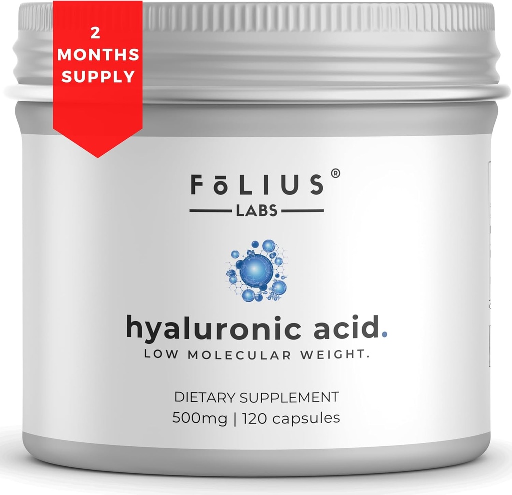 Ultra High Purity Hyaluronic Acid Capsules 500mg - 95% Sodium Hyaluronate - Highly Purified and Bioavailable - Low Molecular Weight - Non-GMO Fermented - 120 Capsules