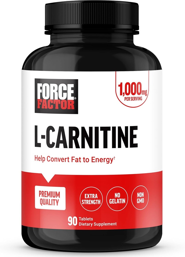 FORCE FACTOR L-Carnitine Supplement, L Carnitine Tartrate 1000 mg Capsules Enerjiye Dönüştürmek, Destek Kas Kurtarma ve Boost Egzersiz Performansı, Vegan, Non-GMO, 90 Tabletler