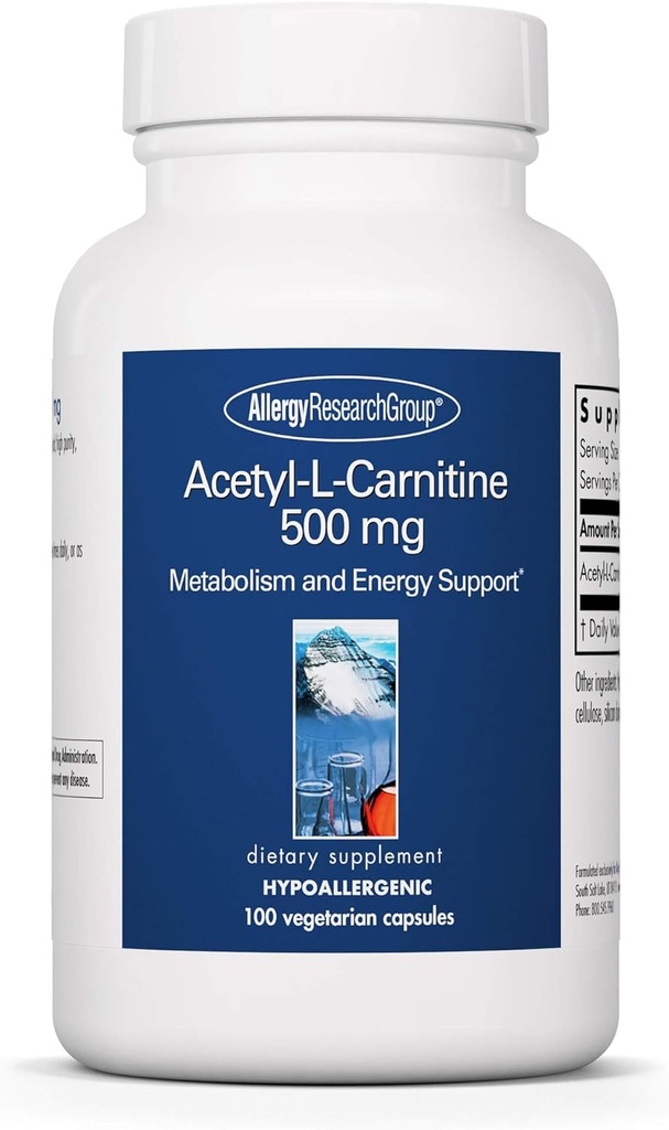 Ομάδα Έρευνας Αλλεργίας Acetyl-L-Carnitine 500mg συμπλήρωμα - Μεταβολισμός και την υποστήριξη της ενέργειας, ALC, ελεύθερη μορφή Amino Acid, κάψουλες χορτοφάγων - 100 Count