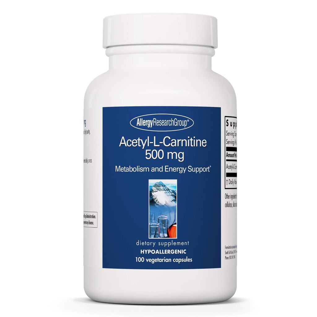 Alerji Araştırma Grubu Acetyl-L-Carnitine 500 mg Supplement - Metabolism ve Enerji Desteği, ALC, Free Form replica, Vegetarian Capsules - 100 Count Count Count Count