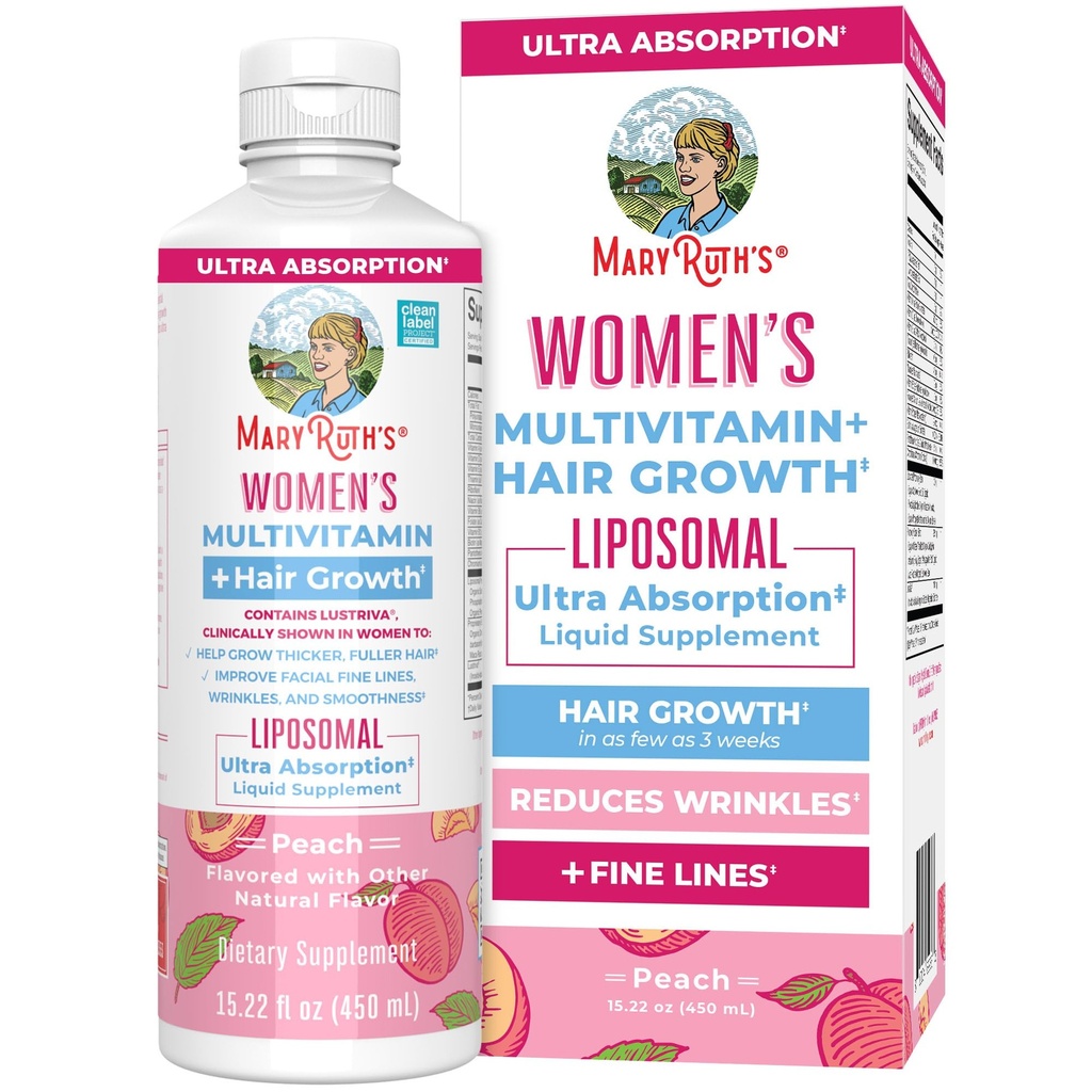 MaryRuth Organics Women's Multivitamin+Lustriva Saç Büyüme Liposomal | Biotin 1000006 | Klinik olarak Kanlı Saçlar, Wrinkles, Fine Lines, Skin Care with Ashwagan&Maca Root | 15.22 Fl Oz Oz