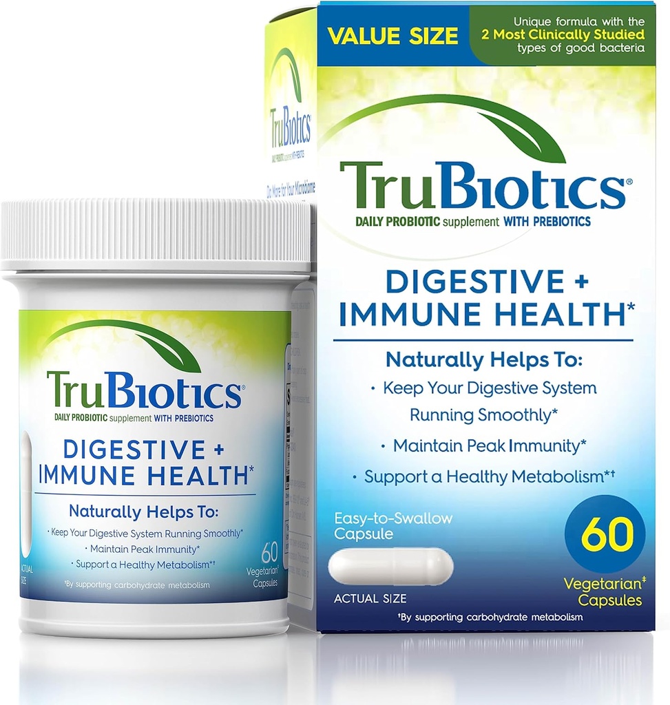 TruBiotics Probiotics for Digestive & Immune Health, Supports Regularity & Helps Relieve Abdominal Discomfort, Gas & Bloating, 2 Clinically Studied Probiotic Strains, Plus Prebiotics, 60 Capsules
