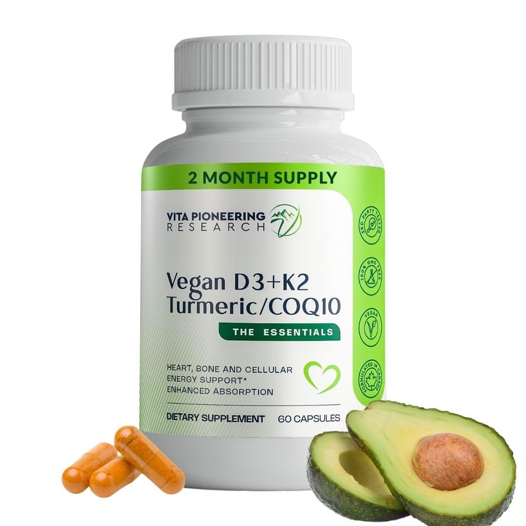 5-σε-1 Βιταμίνη D3 2000IU + K2Vital Βιταμίνη K2 με Κουρκουμά και COQ10 - με Avocado σκόνη για ενισχυμένη απορρόφηση - καρδιά, οστά, κυτταρική υποστήριξη υγείας