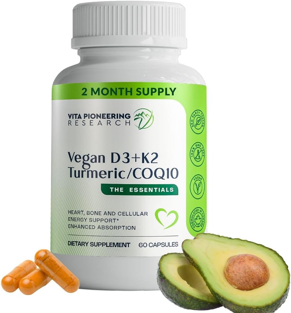 5-in-1 Vitamin D3 2000IU + K2Vital Vitamin K2 ile Turmeric ve COQ10 - Aokado Tozunu Geliştirmiş Aborpsiyon - Heart, Bone, Cellular Health Support