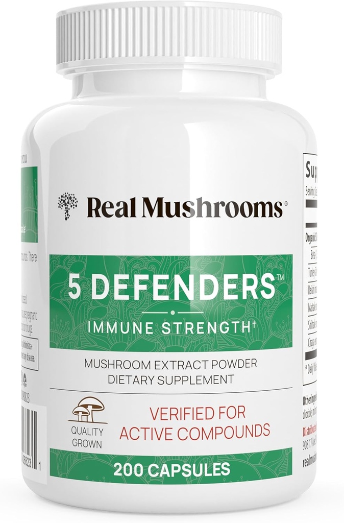 Real Mushrooms 5 Defenders Mushroom Kompleksi - Organik Adaptojenik Mushroom Mix with Chaga, Reishi, Türkiye Tail, Maitake & Shiitake for Wellness Support - Mushroom Beta Glucan Capsules - 200 Count
